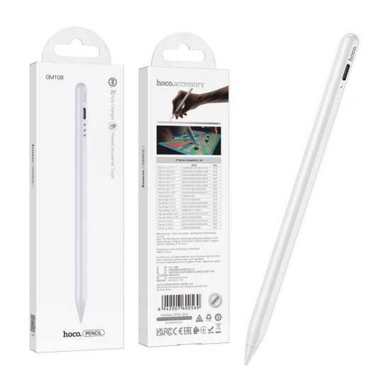 Caneta Capacitiva Universal Hoco Smooth Series GM108 para iPad com Carregamento Rápido Branco Caneta Capacitiva Universal Hoco Smooth Series GM108 para iPad com Carregamento Rápido Branco